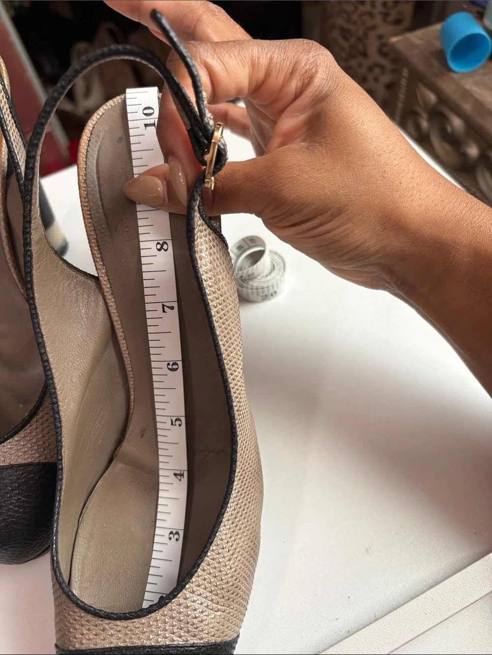 CHANEL Beige and Black Leather Slingback Pumps with CC Medallion